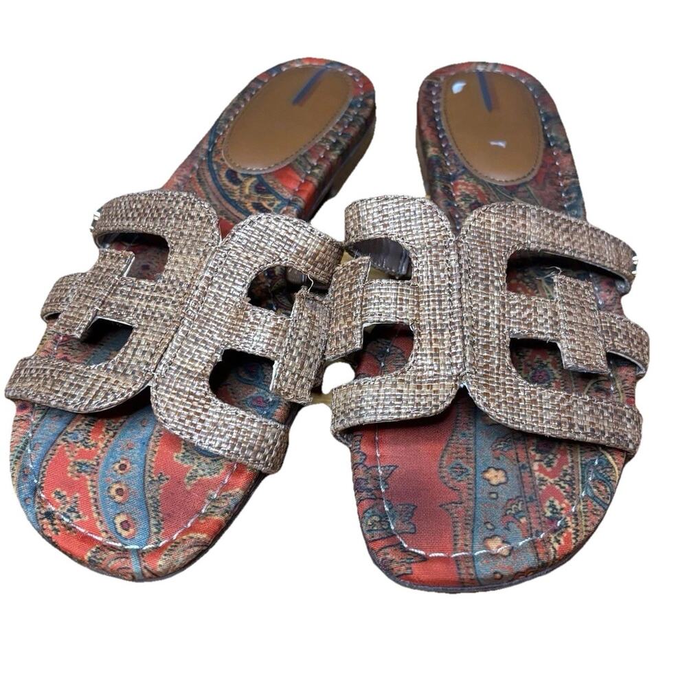 Sam Edelman Bay Slide Sandals Women’s 10 Beige Woven Raffia beach Flat Luxury